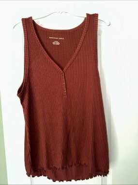 American Eagle Outfitters Ribbed Henley Tank - Rust Brown